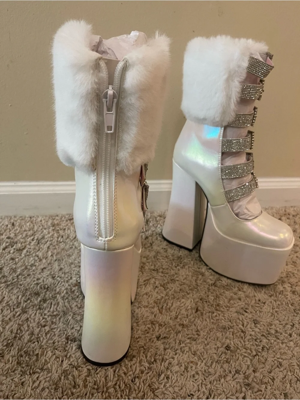 Iridescent White Platform Ankle Boots with Crystal Buckles and Faux Fur